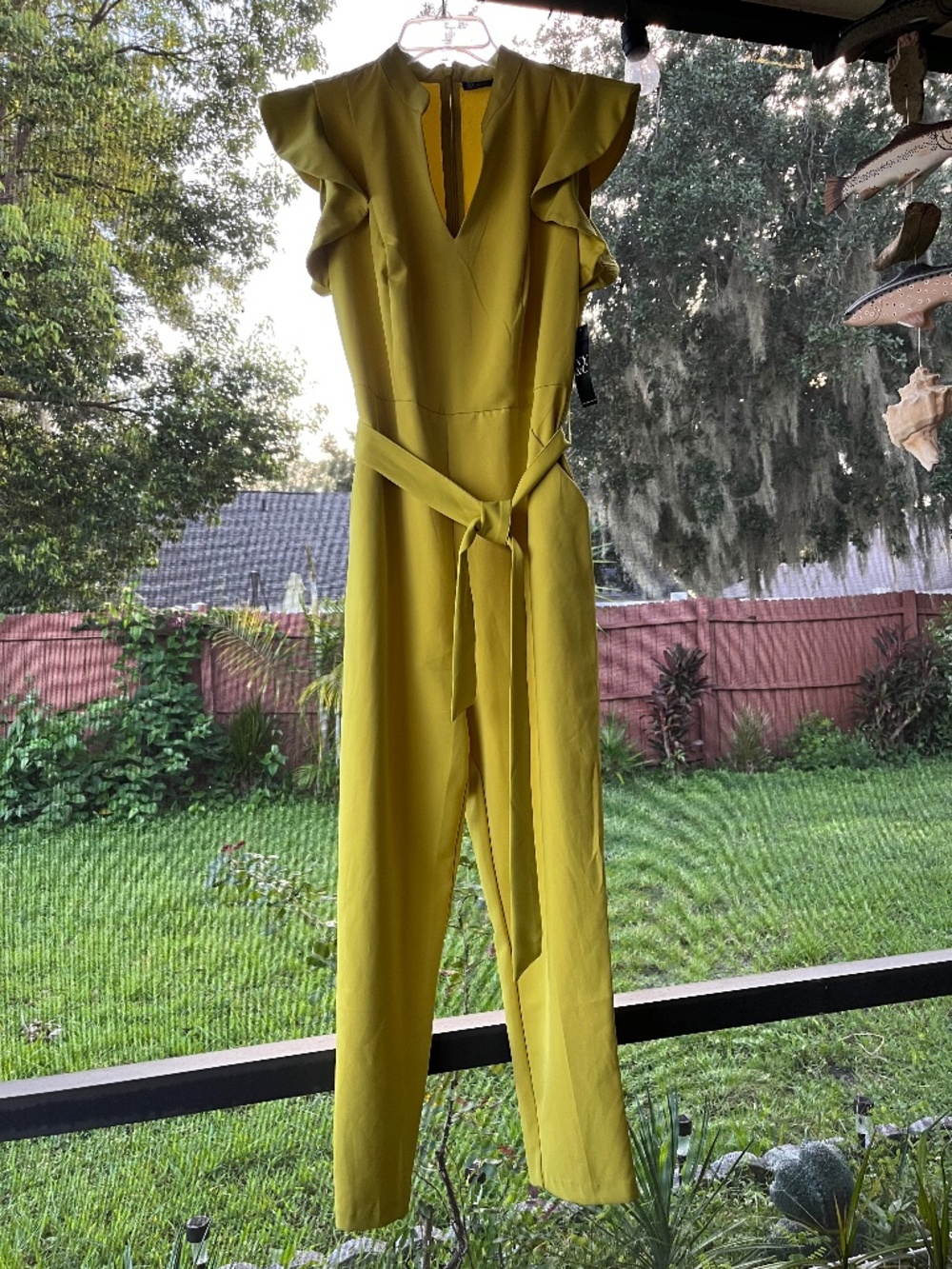 NWT New York & Co. Chartreuse Ruffle Jumpsuit Size Large
